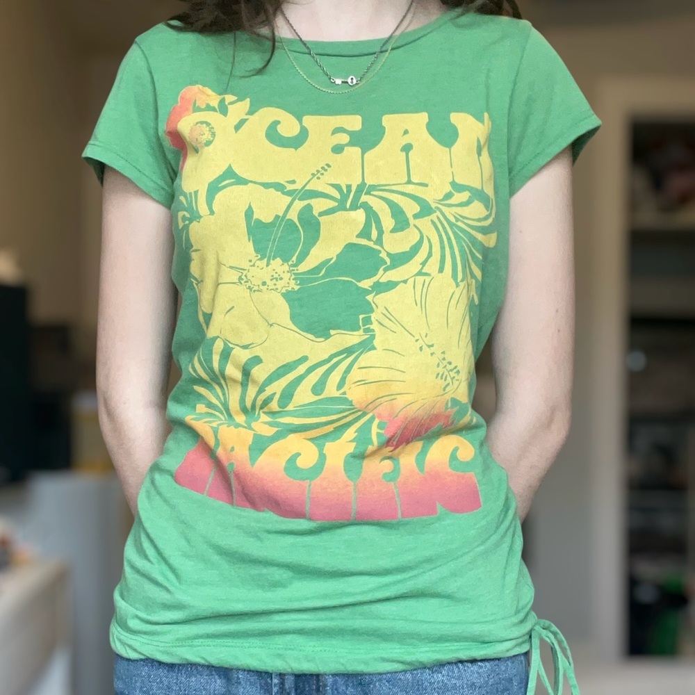 Op Green Tee with Colorful Design